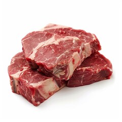 Obraz premium Three raw beef steaks, marbled and fresh, stacked on a white background.
