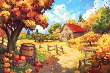 Obraz premium Crisp Harvest Bounty: A High-Fidelity Hand-Drawn Illustration of Nature's Abundance in an Autumn Orchard, Capturing the Season's Enchantment with Apple Harvest and Cider Making in Anime Style