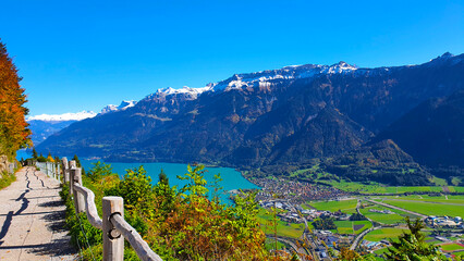 Autumn landscape with the fence of Harder Kulm Mountain near Interlaken, Switzerland seeing turquoise color lake and snow capped mountain and autumn season trees