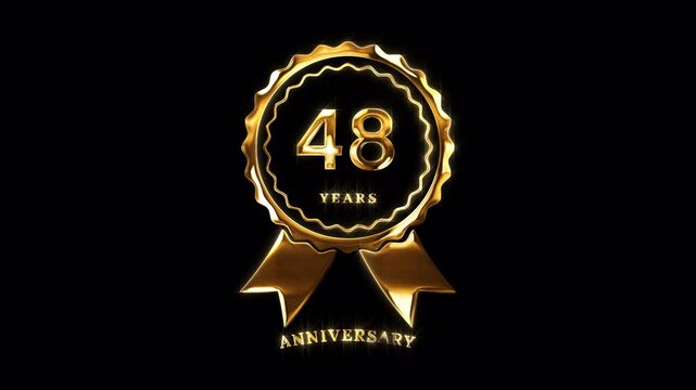 48th Anniversary Celebration. Happy 48 Years Anniversary Animation in Gold Color on the Transparent Background, Alpha Channel. Great for greetings, celebrations, events, and gifts.
