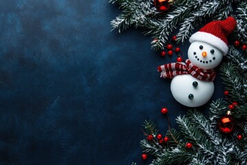 Fototapeta premium colorful christmas border with small lights tumblr, snowman and christmas decorations, navy blue background for flat screen with generative ai