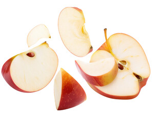 Apfelstücke fallend isoliert auf weißen Hintergrund, Freisteller, Transparent 
