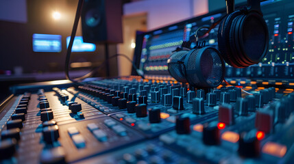 A close-up of a mixing board in a radio studio, with a microphone and headphones visible in the background.