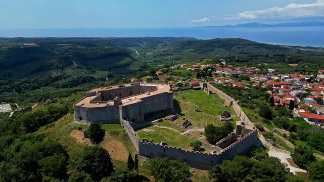 Aerial Drone View of Chlemoutsi Castle Museum in Greece, Olympia Region.