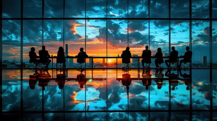 Silhouettes of Businesspeople Looking Out at a City Sunset