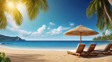 Obraz premium Summer Resort Beach Sea Relax Travel Vacation Palm Tropic Copy Space Banner Background Hotel. Generative AI 