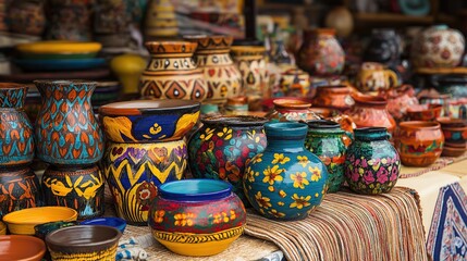 Hispanic folk art pieces, such as hand painted pottery or woven textiles, displayed beautifully