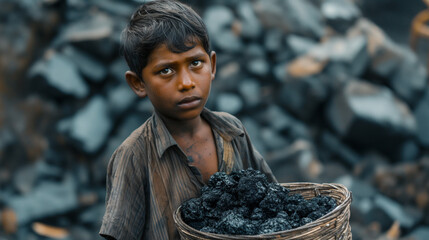 A boy transports coal in a mine. stop child labour concept.