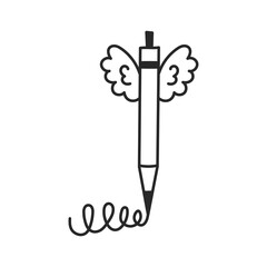 Writing Pen with Wings Doodle Icon. Writer Education Drawing Symbol. Outline vector illustration