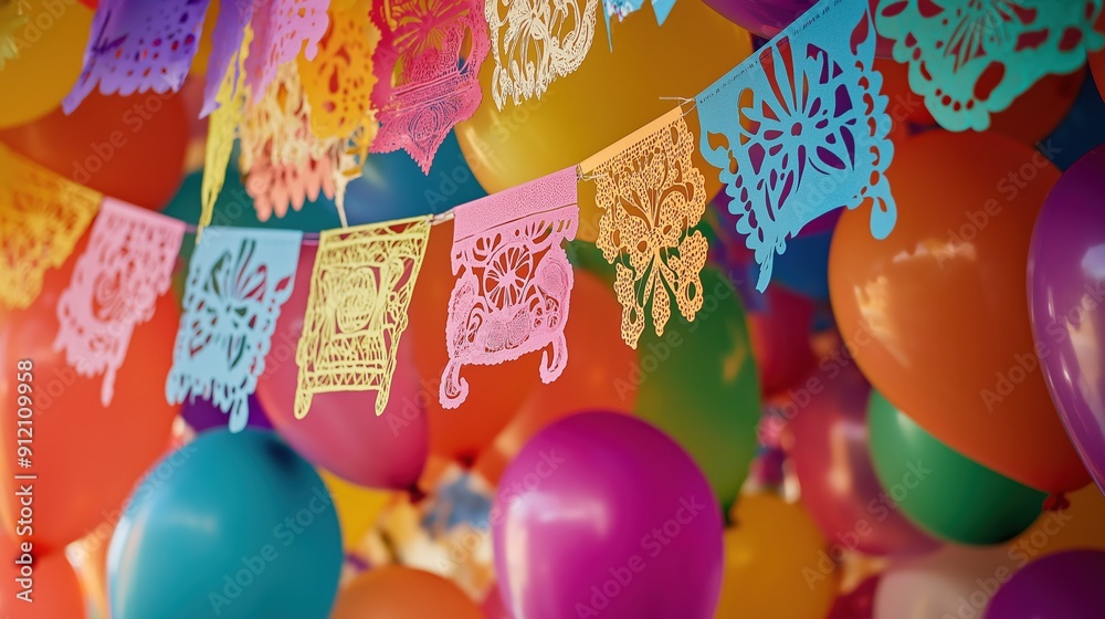 Wall mural vibrant festival decorations, including papel picado banners, colorful streamers, and balloons