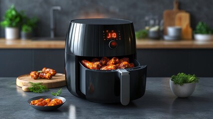 Air fryer cooking chicken wings on a kitchen countertop