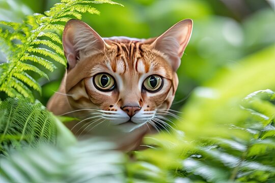 Close-up rusty-spotted cat portrait in jungle with ferns
