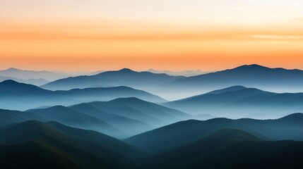 Fototapeta premium A panoramic view of a majestic mountain range during sunset with layers of colors in the sky and a serene valley below capturing the aweinspiring beauty of the natural landscape