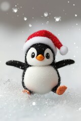 Obraz premium Cheerful Penguin in Santa Hat Sliding Down Icy Slope - Festive Christmas Fun in Pop Art Style with Bright Colors, Generative AI