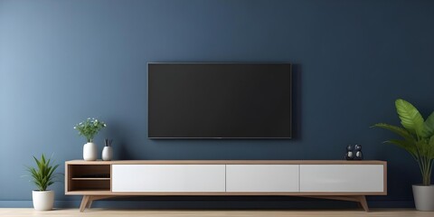 A modern TV stand with a large flat-screen TV mounted on the wall above it