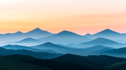 A panoramic view of a majestic mountain range during sunset with layers of colors in the sky and a serene valley below capturing the aweinspiring beauty of the natural landscape
