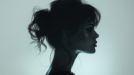 Naklejka premium Silhouette of beautiful young woman with a beautiful hairdo Black and white : Generative AI