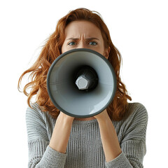 Woman with megaphone, serious expression.