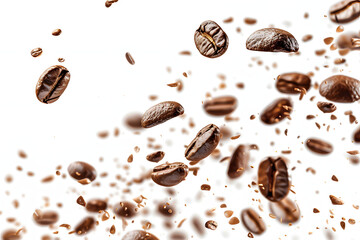 flying coffee beans on white bg