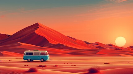 Obraz premium illustration of a camping car crossing the desert with the sun setting