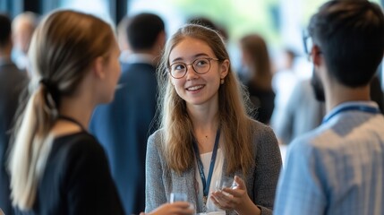 Professionals networking at a conference, demonstrating interpersonal skills and building strong connections through dialogue