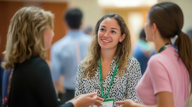 Professionals networking at a conference, demonstrating interpersonal skills and building strong connections through dialogue