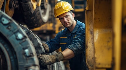 Skilled technician maintaining heavy mining equipment in a bustling maintenance facility