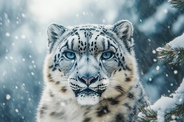 Fototapeta premium Close-up snow leopard portrait in snowy mountains with pine trees