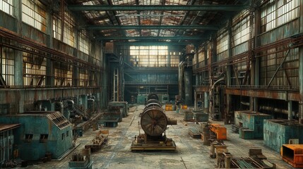 Closed factory with rusting machinery and deserted assembly lines representing industrial decline during economic depression