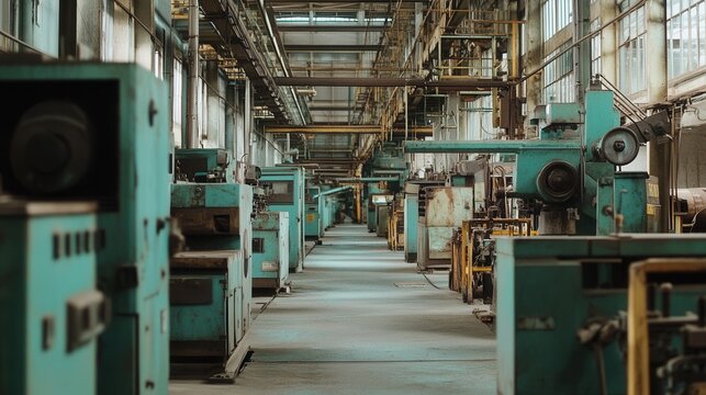 Closed factory with rusting machinery and deserted assembly lines representing industrial decline during economic depression