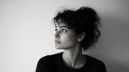 Person in deep contemplation with furrowed brows and a thoughtful gaze in a minimalist environment