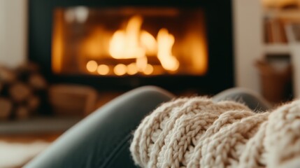 A cozy indoor scene with a person knitting by the fireplace surrounded by books and warm lighting depicting a sense of relaxation and fulfillment derived from engaging in a favorite hobby