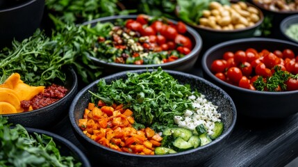 Fototapeta premium A colorful and appetizing spread of various dishes on a rustic wooden table featuring fresh ingredients and vibrant flavors inviting viewers to indulge in a gourmet culinary experience