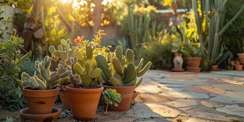 Potted chaparral and cactus plants on a patio in a drought tolerant garden in a residential backyard