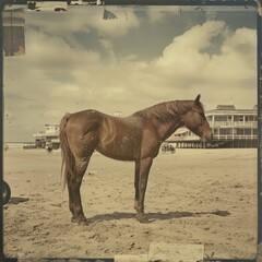 A lone brown horse stands on a sandy beach, with a boardwalk and buildings in the background.