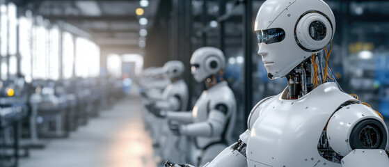 Fototapeta premium Explore a modern smart factory showcasing advanced robotic workers revolutionizing automated manufacturing processes for increased efficiency and precision.