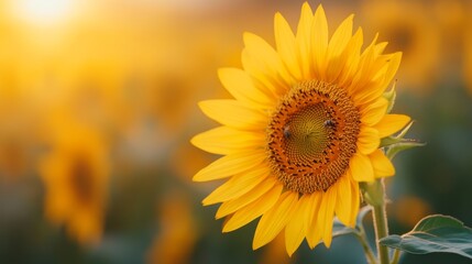 Fototapeta premium A closeup of a blooming sunflower field with bees buzzing around and vibrant petals illuminated by the golden sunlight celebrating the intricate beauty of plants and flowers
