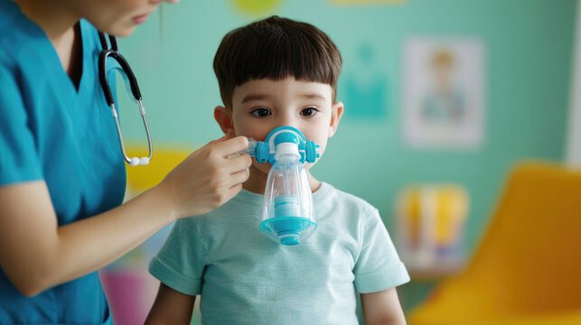 A caregiver assists a child with a nebulizer in a vibrant room, highlighting the importance of respiratory care for children in a home environment.