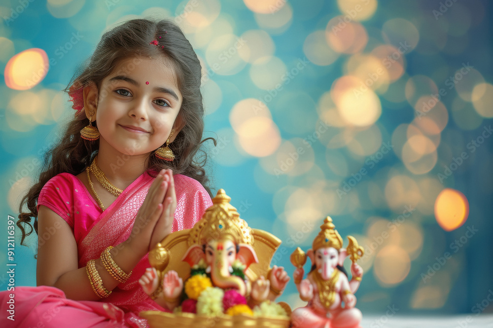 Wall mural Indian cute girl wearing pink colour dress and prayer, and side table top a big colourful and beautiful lord Ganesha statue. on light bokeh background.