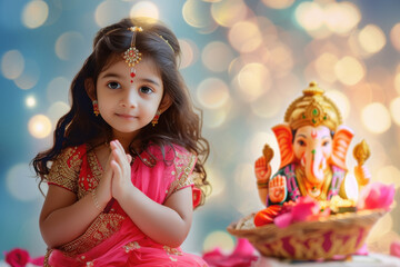 Fototapeta premium Indian cute girl wearing pink colour dress and prayer, and side table top a big colourful and beautiful lord Ganesha statue. on light bokeh background.