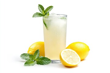 Fototapeta premium Cold Frozen Lemonade with Mint Leaves isolated on white background