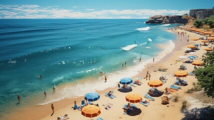 A lively beach with people and beach umbrellas