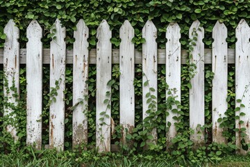 Naklejka premium Rustic White Picket Fence Overgrown with Lush Green Ivy, Creating a Charming Garden Backdrop