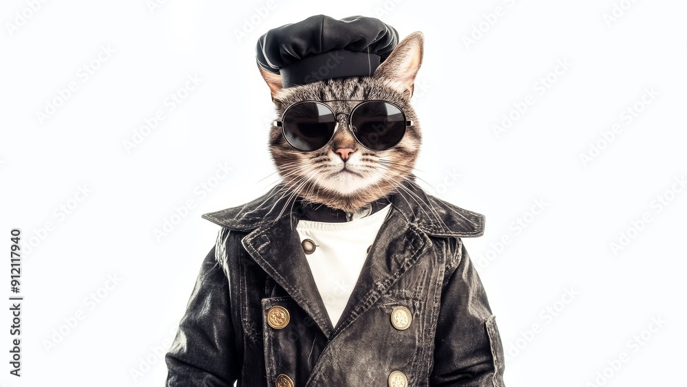 Sticker gangster cat, jacket, sunglasses, funny, looking straight, next to him is another cat - chef with chef's hat, white background