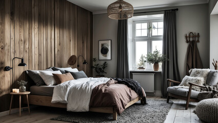 Cozy Scandinavian spacious bedroom with a mix of modern and rustic elements