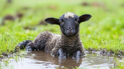 A playful lamb rests in a muddy puddle on a vibrant green field, showcasing its adorable features and charm.