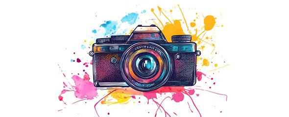 A vibrant, artistic illustration of a camera with splashes of colorful paint on a white background. The image combines elements of photography and abstract art, showcasing a creative design