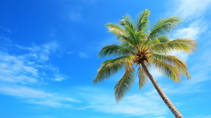A single coconut palm tree under a blue sky. Summer, vacation, holiday, relaxation, travel background. Copy space. Upward shot, Low angle shot.