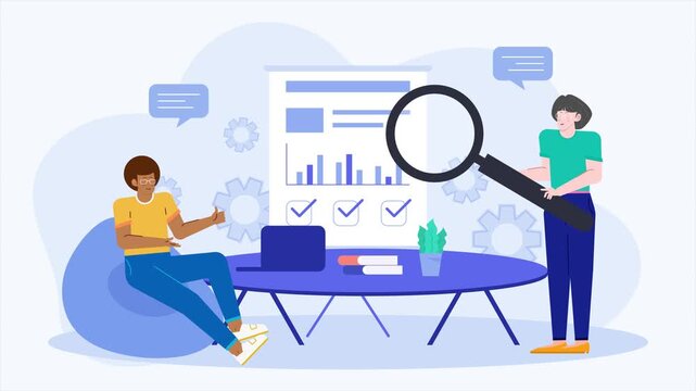 analyst team with business report and schedule illustration animated video