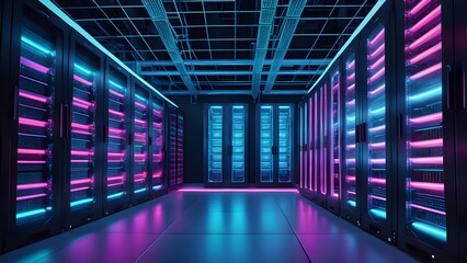 Fototapeta premium A large room with many computer servers and neon lights